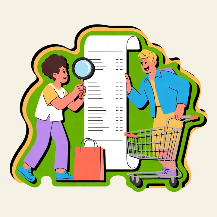 Two shoppers checking a long receipt with a magnifying glass