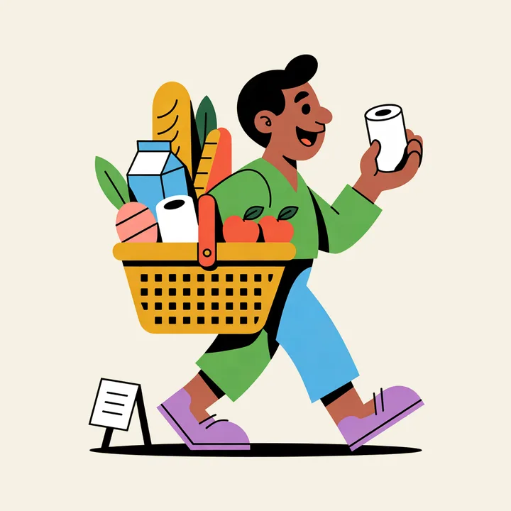 A shopper walking with a basket of groceries